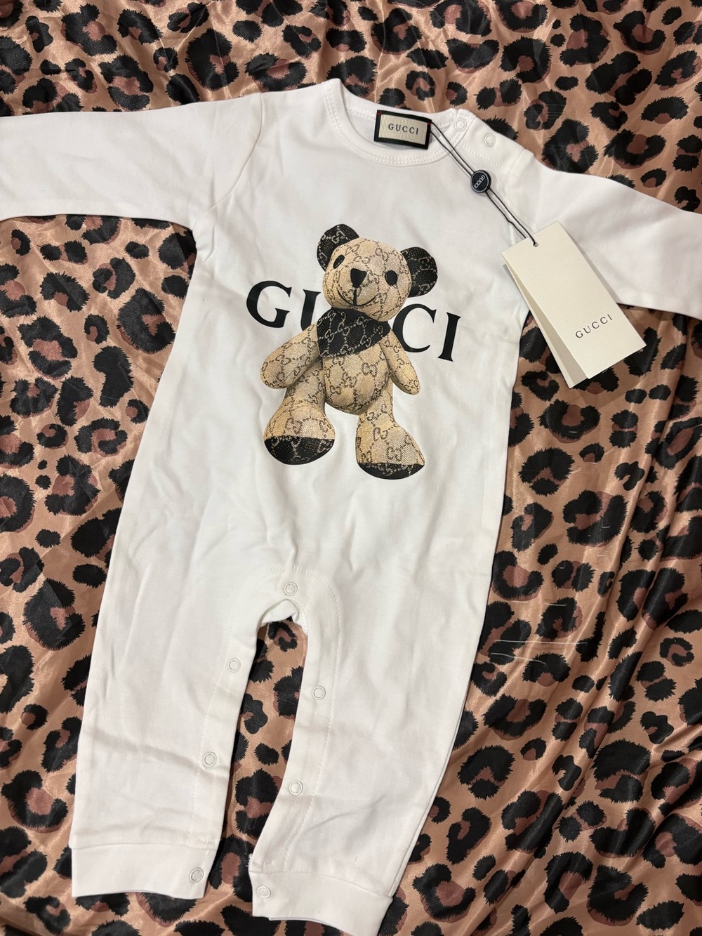White Baby Bodysuit with Beige & Black Teddy Graphic